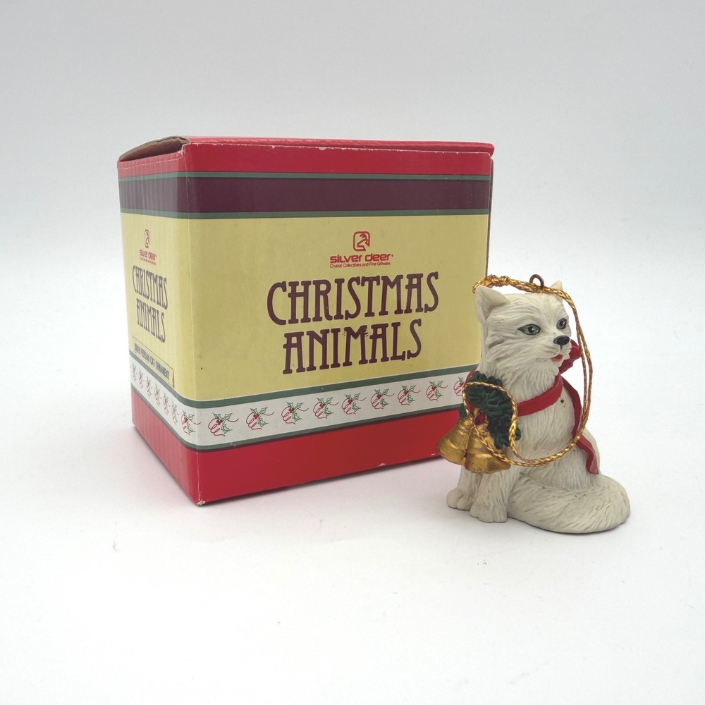 Silver Deer Christmas Animals Ornament White‎ Persian Cat 1990 Vintage